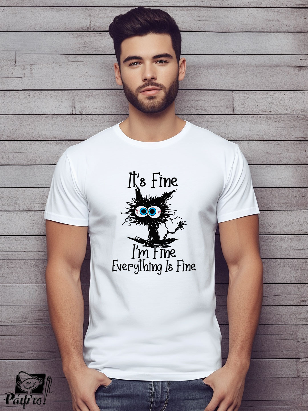 QTS-0024-W Αντρικό T-shirt - It's Fine - I'm Fine - Everything is Fine - Cat - Image 1