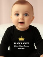 Βρεφικό φορμάκι για κορίτσι - αγόρι - Black and White - Queen - (Όνομα, Ημερομηνία) - Image 2