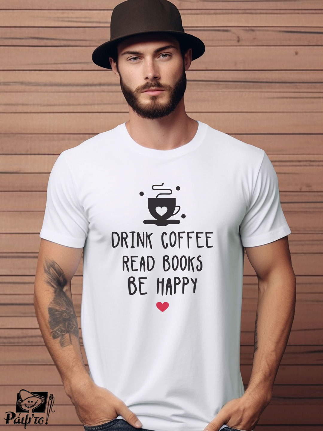 books-1118-W Αντρικό T-shirt - Drink coffee – Read books – Be happy - Image 1